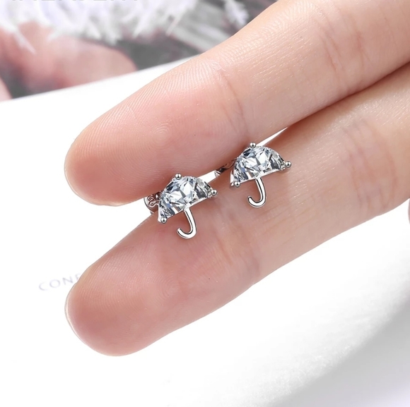 Sterling Silver Tiny Umbrella CZ Stud Earrings - Picture 2 of 4